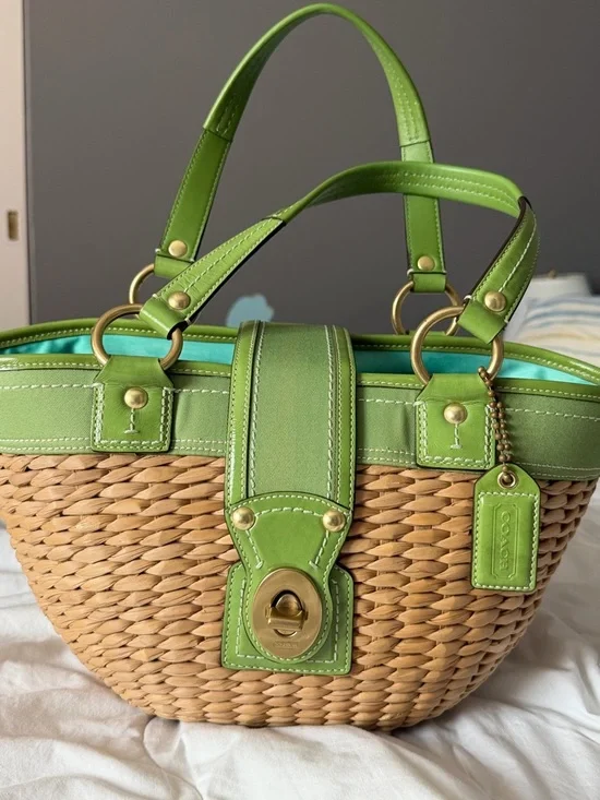 Coach Straw Tote with Lime Green Leather Trim - Picture 2 of 6